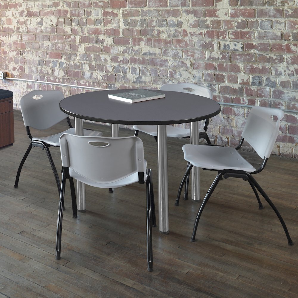 36 in Round Breakroom Table- Grey Top, Chrome Legs, 4 M Stack Chairs- Grey
