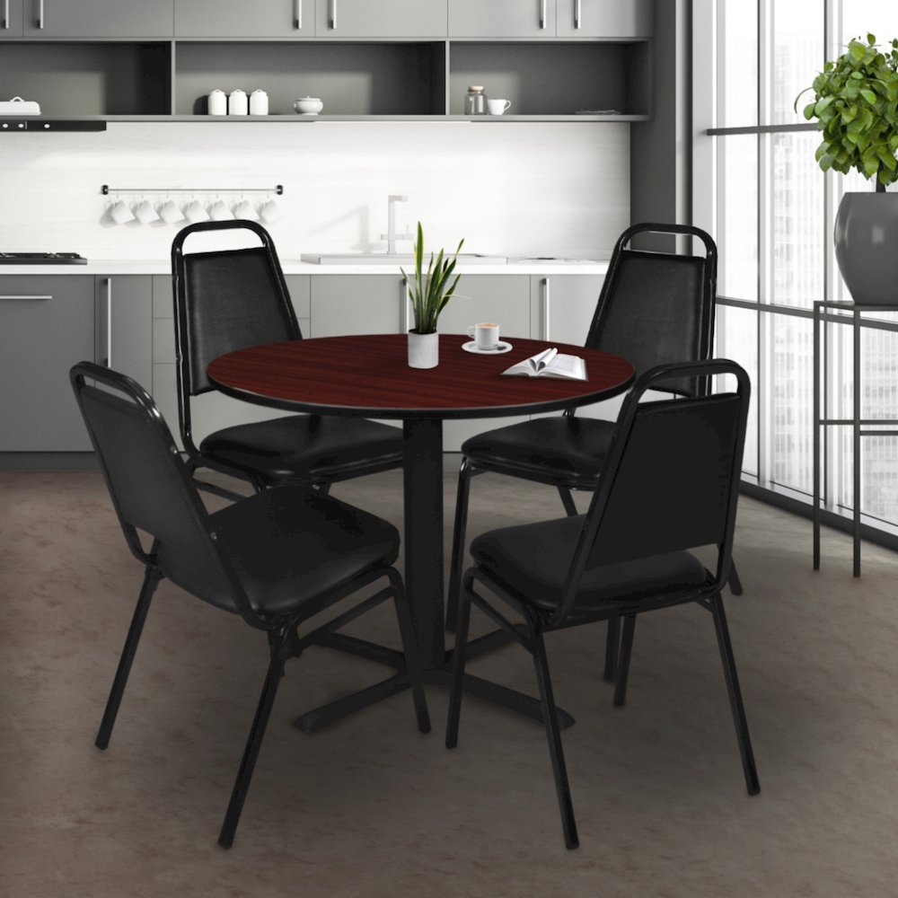36 in. Round X-Base Breakroom Table- Mahogany & 4 Restaurant Stack Chairs- Black