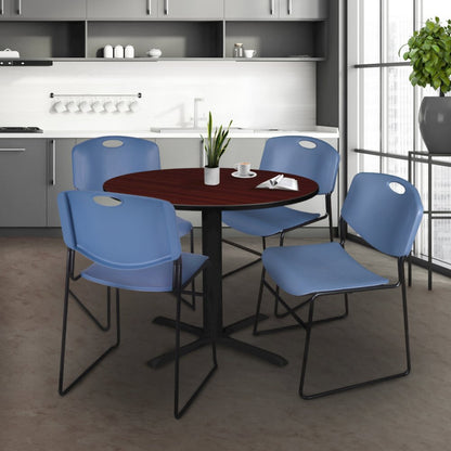 36 in. Round X-Base Breakroom Table- Mahogany & 4 Zeng Stack Chairs- Blue