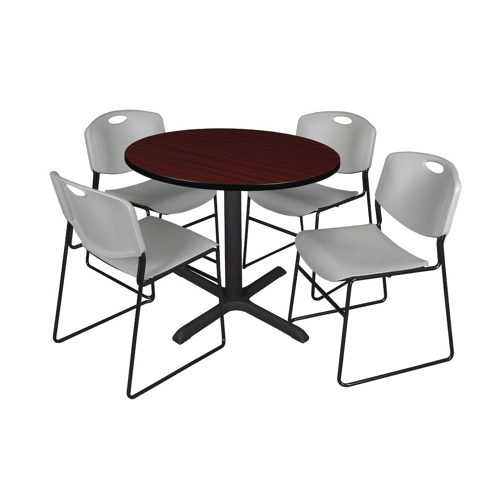 36 in. Round X-Base Breakroom Table- Mahogany & 4 Zeng Stack Chairs- Grey