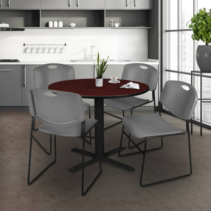 36 in. Round X-Base Breakroom Table- Mahogany & 4 Zeng Stack Chairs- Grey