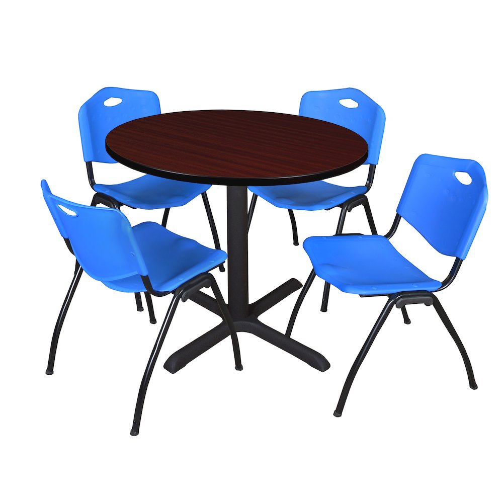 36 in. Round X-Base Breakroom Table- Mahogany & 4 M Stack Chairs- Blue