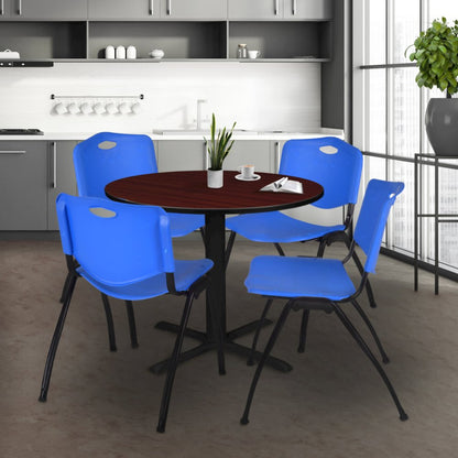 36 in. Round X-Base Breakroom Table- Mahogany & 4 M Stack Chairs- Blue