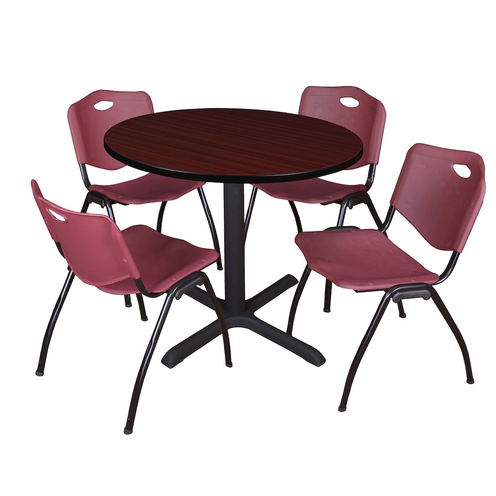 36 in. Round X-Base Breakroom Table- Mahogany & 4 M Stack Chairs- Burgundy