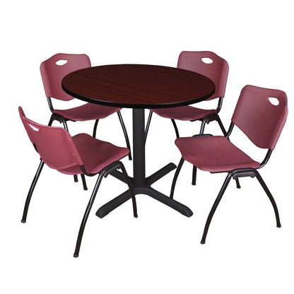 36 in. Round X-Base Breakroom Table- Mahogany & 4 M Stack Chairs- Burgundy