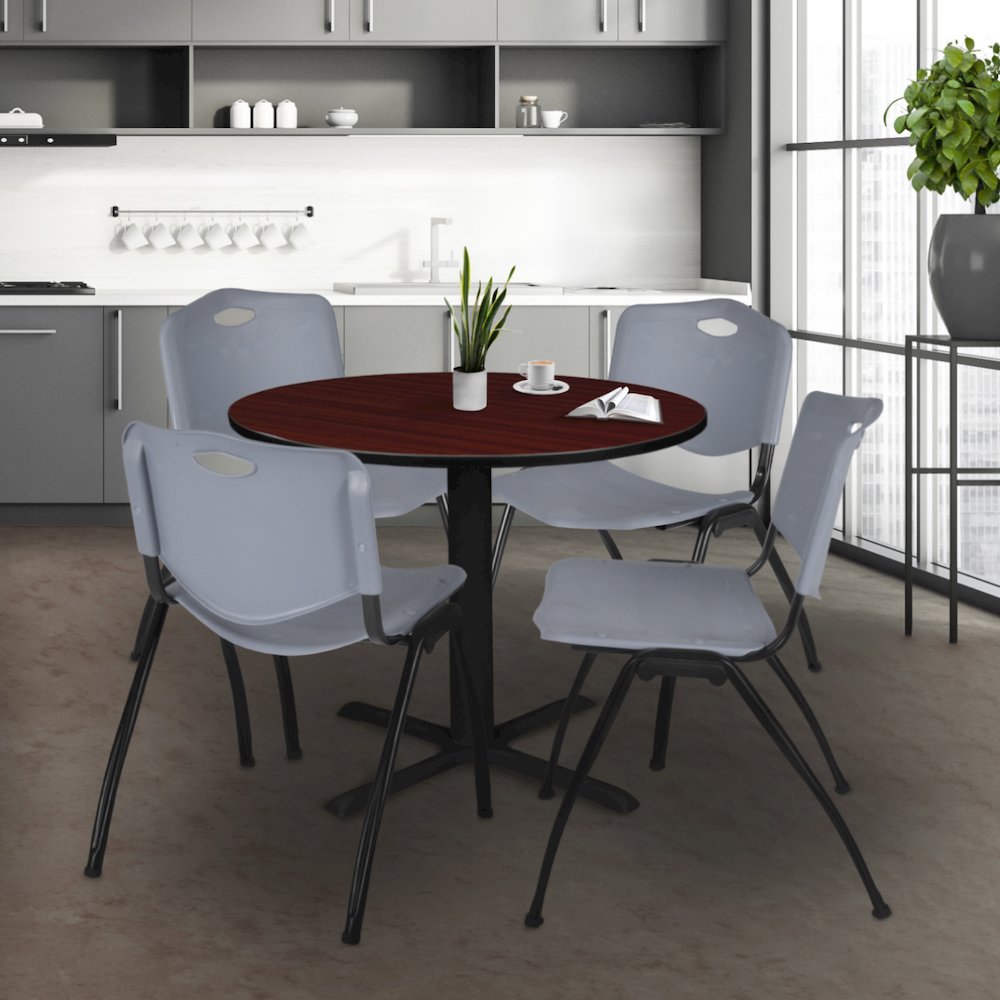 36 in. Round X-Base Breakroom Table- Mahogany & 4 M Stack Chairs- Grey
