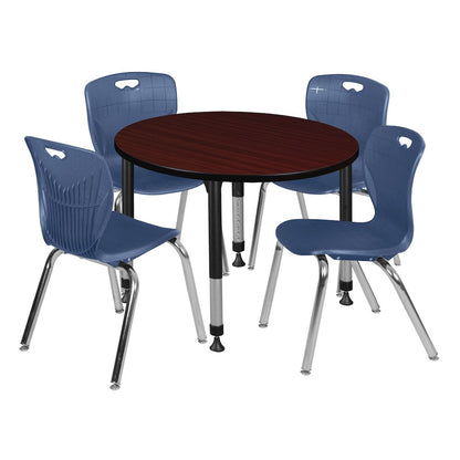 36 Round Adjustable Classroom Table- Mahogany & 4 Andy 18 Stack Chairs- Blue