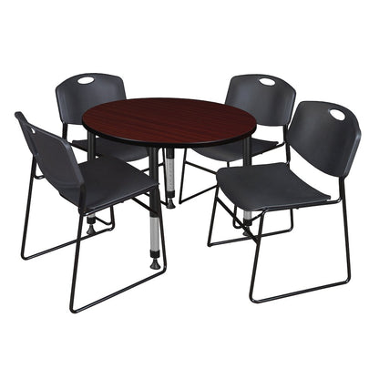 36 in. Round Adjustable Classroom Table- Mahogany & 4 Zeng Stack Chairs- Black