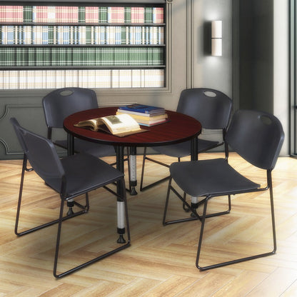36 in. Round Adjustable Classroom Table- Mahogany & 4 Zeng Stack Chairs- Black