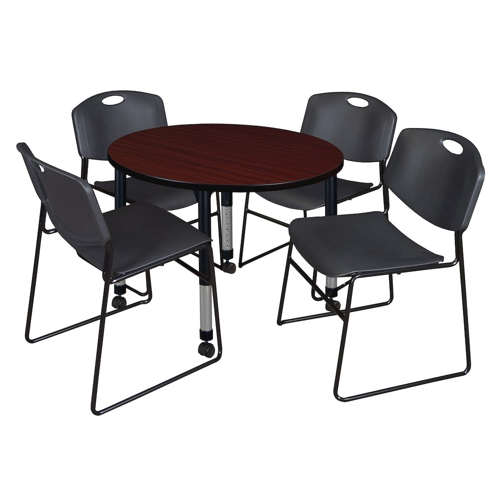 36 Round Mobile Classroom Table- Mahogany & 4 Zeng Stack Chairs- Black
