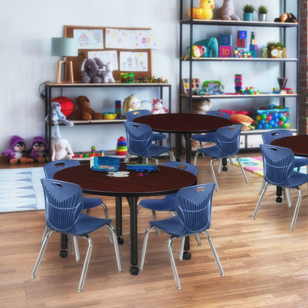36 Round Adjustable Classroom Table- Mahogany & 4 Andy 12 Stack Chairs- Blue