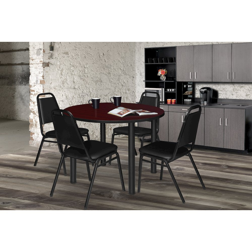 36 in Round Breakroom Table- Mahogany Top, Black Legs, 4 Restaurant Stack Chairs