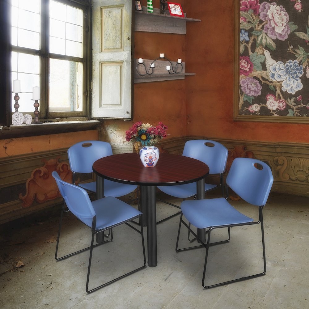 36 in Round Breakroom Table- Mahogany Top, Black Legs, 4 Zeng Stack Chairs- Blue