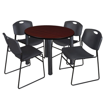 36 Round Breakroom Table- Mahogany Top, Black Legs, 4 Zeng Stack Chairs- Black