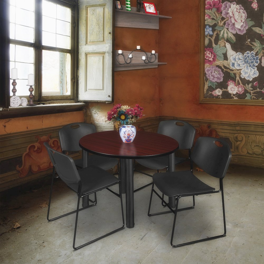 36 Round Breakroom Table- Mahogany Top, Black Legs, 4 Zeng Stack Chairs- Black