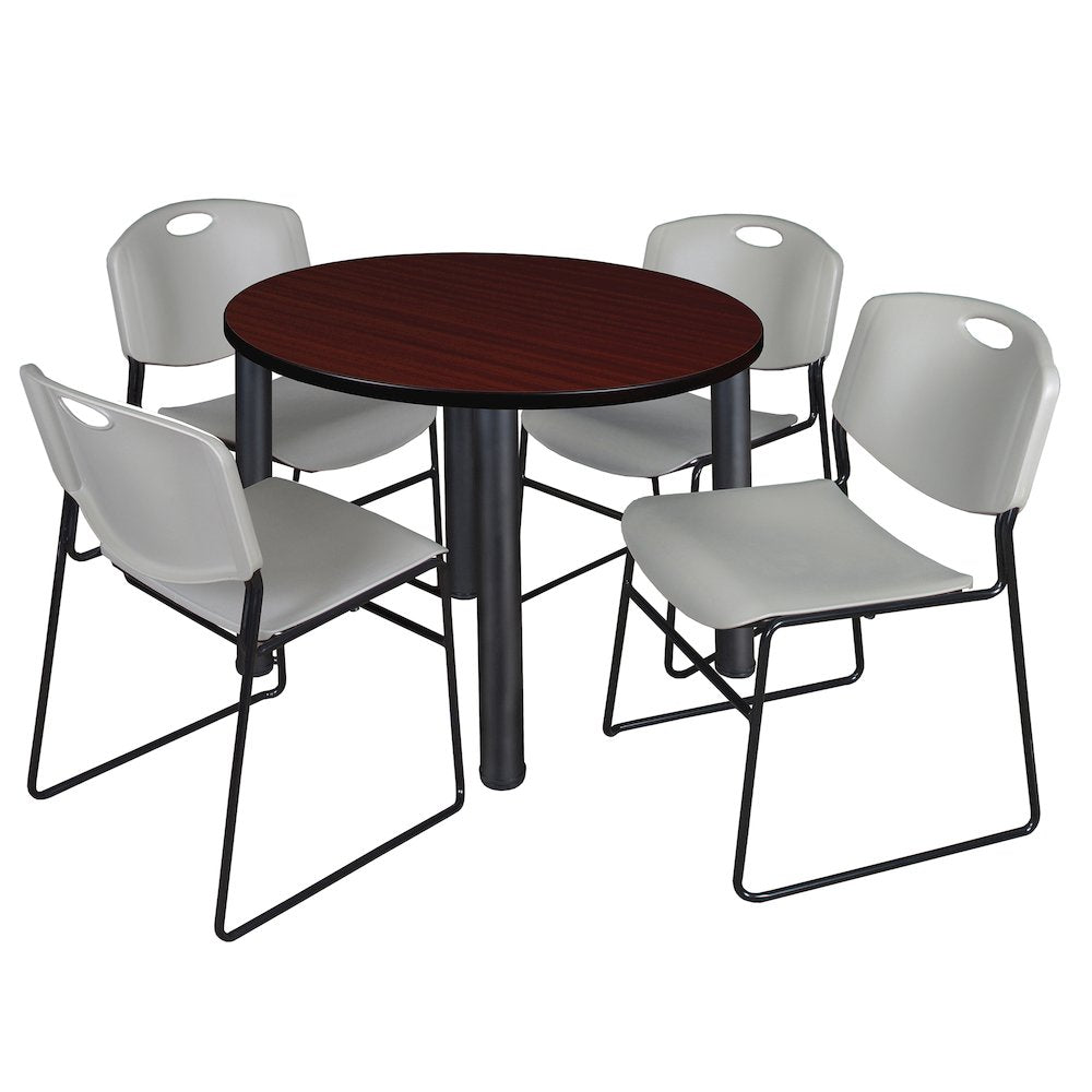 36 in Round Breakroom Table- Mahogany Top, Black Legs, 4 Zeng Stack Chairs- Grey