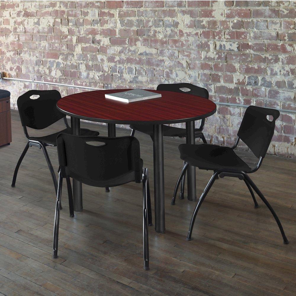 36 in Round Breakroom Table- Mahogany Top, Black Legs, 4 M Stack Chairs- Black