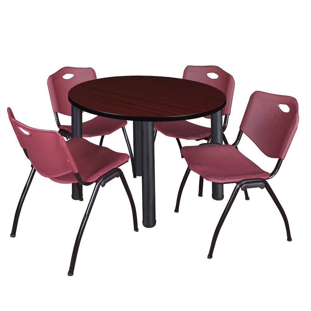 36 Round Breakroom Table- Mahogany Top, Black Legs, 4 M Stack Chairs- Burgundy