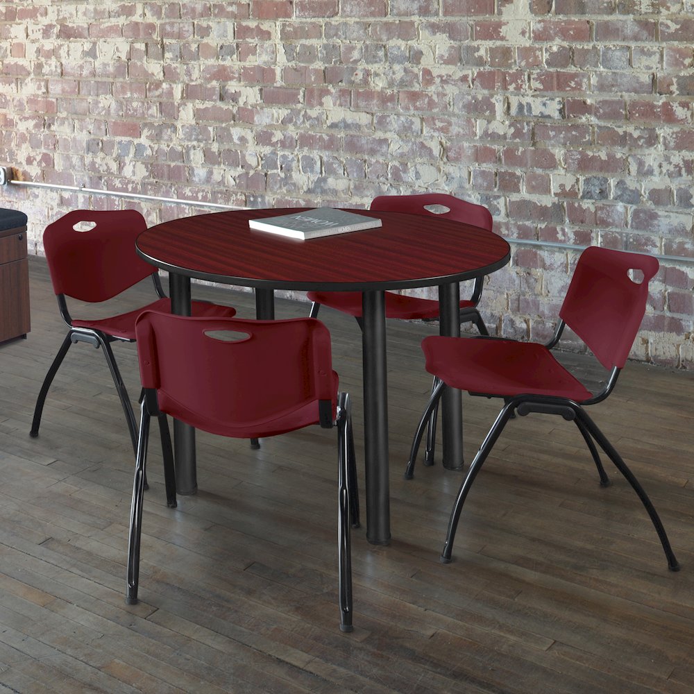 36 Round Breakroom Table- Mahogany Top, Black Legs, 4 M Stack Chairs- Burgundy