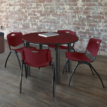 36 Round Breakroom Table- Mahogany Top, Black Legs, 4 M Stack Chairs- Burgundy