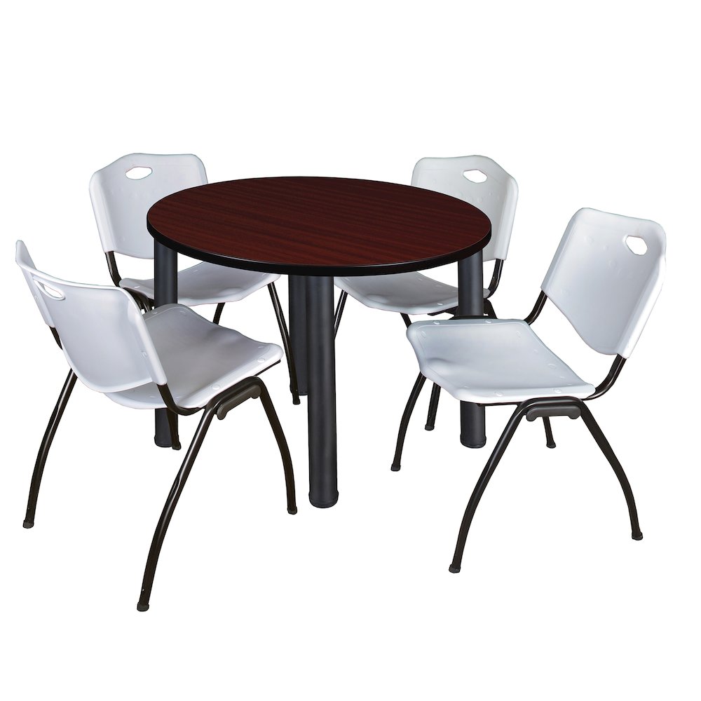 36 in Round Breakroom Table- Mahogany Top, Black Legs, 4 M Stack Chairs- Grey