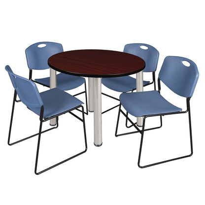 36 Round Breakroom Table- Mahogany Top, Chrome Legs, 4 Zeng Stack Chairs- Blue