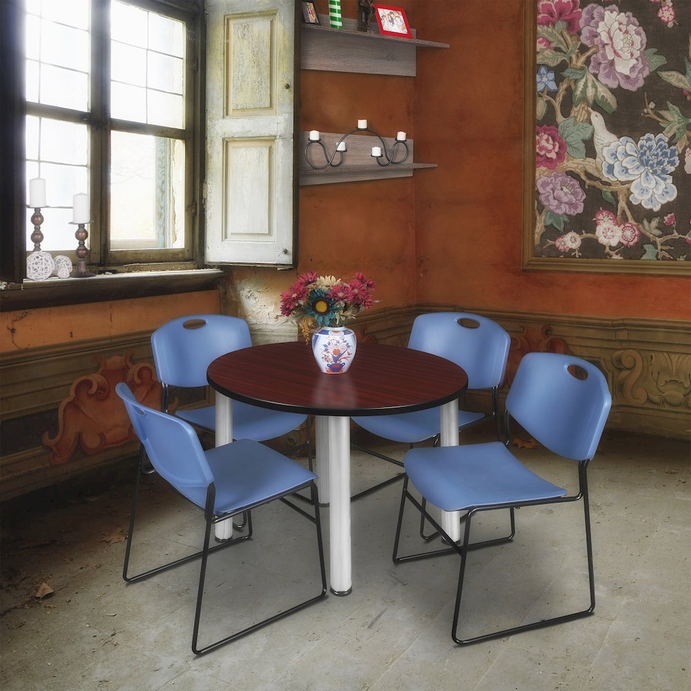 36 Round Breakroom Table- Mahogany Top, Chrome Legs, 4 Zeng Stack Chairs- Blue
