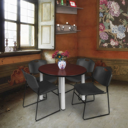 36 Round Breakroom Table- Mahogany Top, Chrome Legs, 4 Zeng Stack Chairs- Black