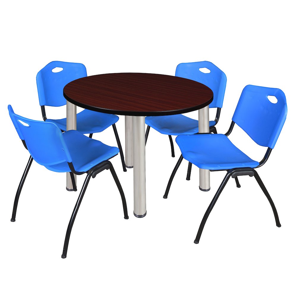 36 in Round Breakroom Table- Mahogany Top, Chrome Legs, 4 M Stack Chairs- Blue