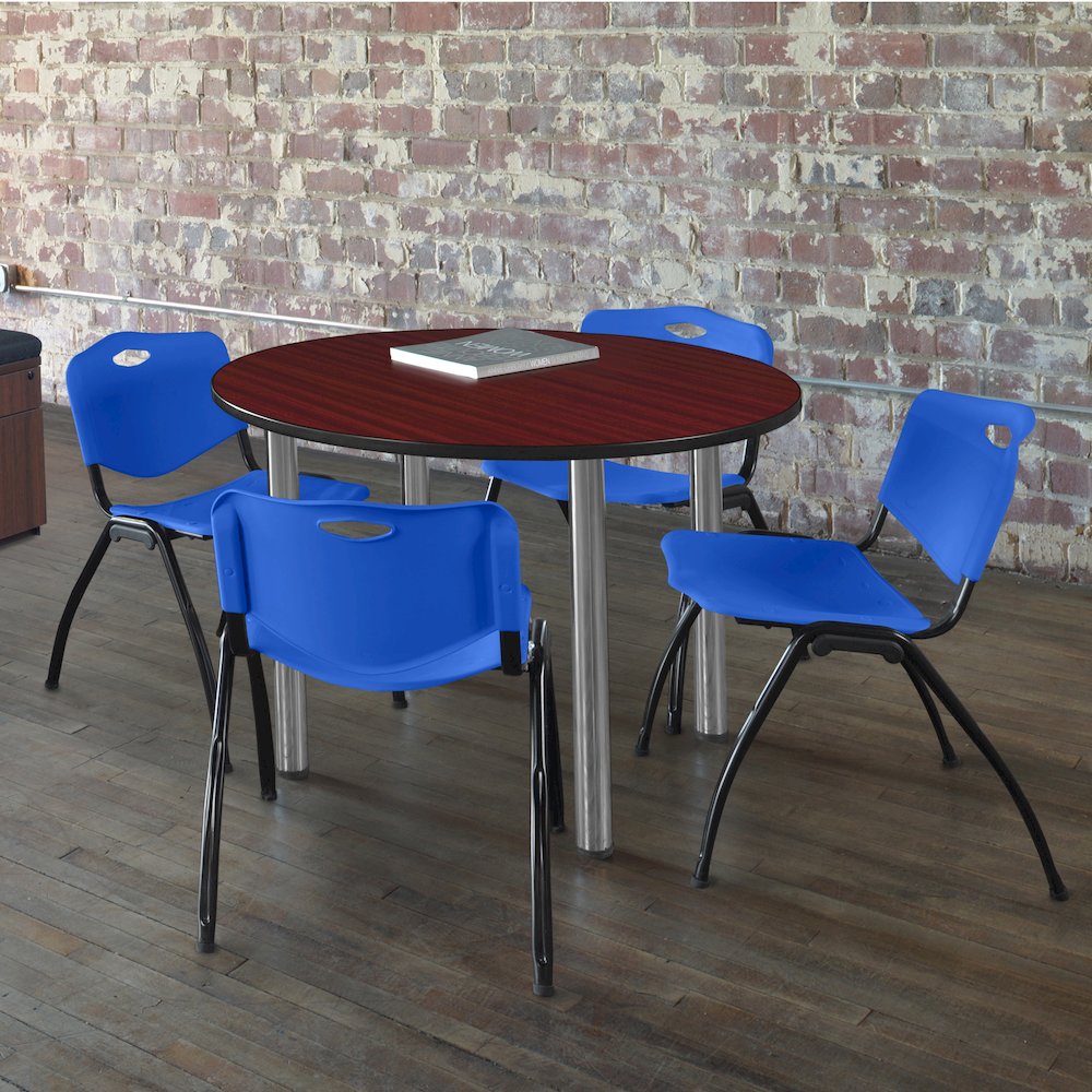 36 in Round Breakroom Table- Mahogany Top, Chrome Legs, 4 M Stack Chairs- Blue