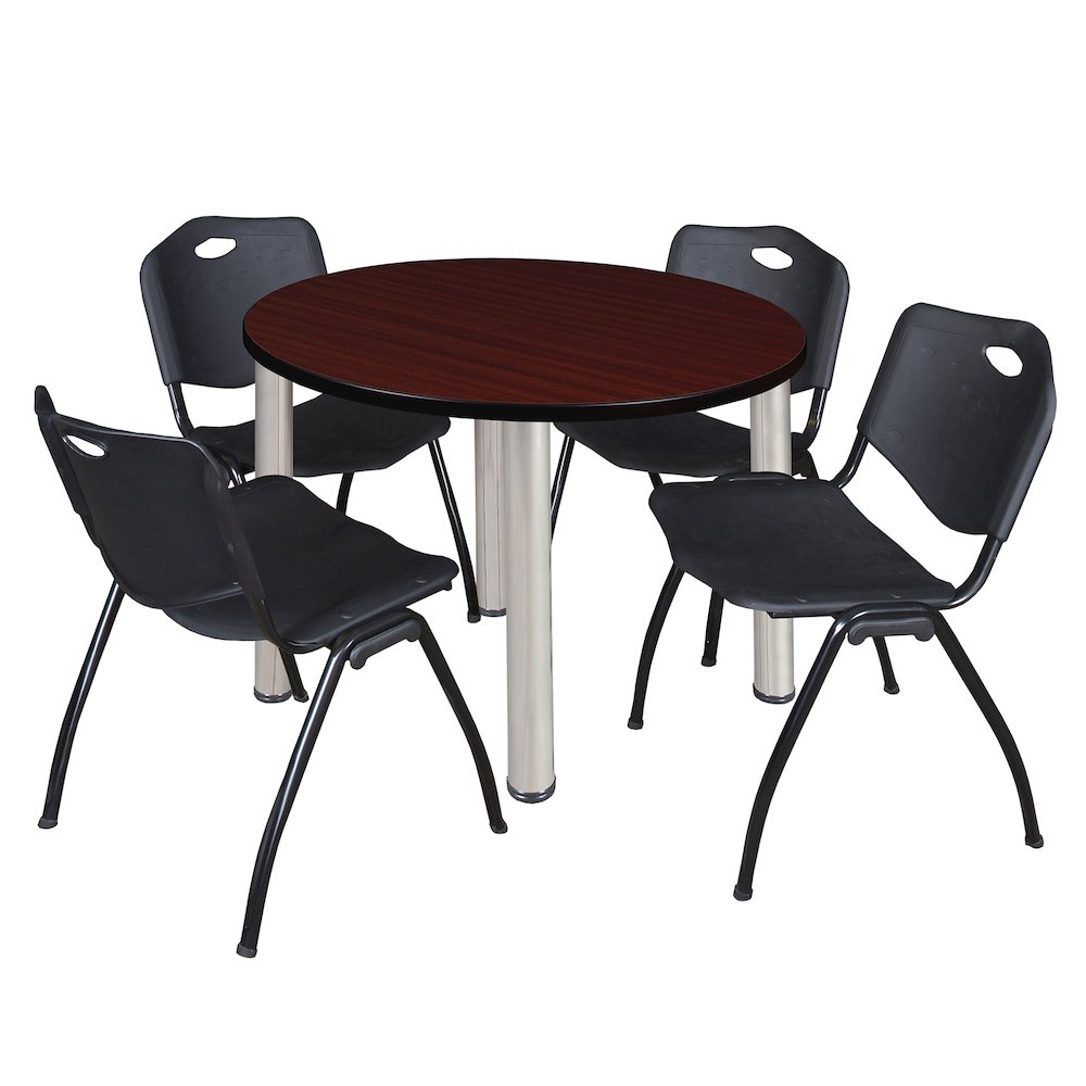 36 in Round Breakroom Table- Mahogany Top, Chrome Legs, 4 M Stack Chairs- Black