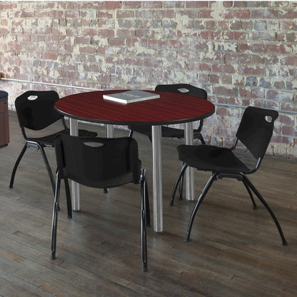 36 in Round Breakroom Table- Mahogany Top, Chrome Legs, 4 M Stack Chairs- Black