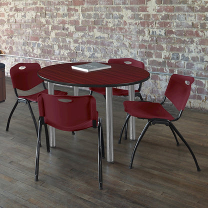 36 Round Breakroom Table- Mahogany Top, Chrome Legs, 4 M Stack Chairs- Burgundy