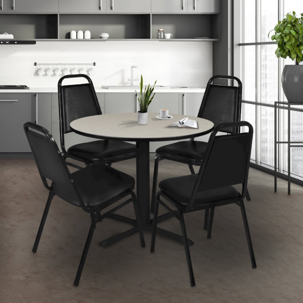 36 in. Round X-Base Breakroom Table- Maple & 4 Restaurant Stack Chairs- Black