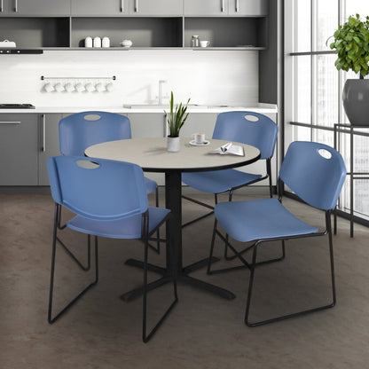 36 in. Round X-Base Breakroom Table- Maple & 4 Zeng Stack Chairs- Blue