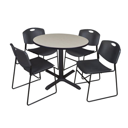 36 in. Round X-Base Breakroom Table- Maple & 4 Zeng Stack Chairs- Black