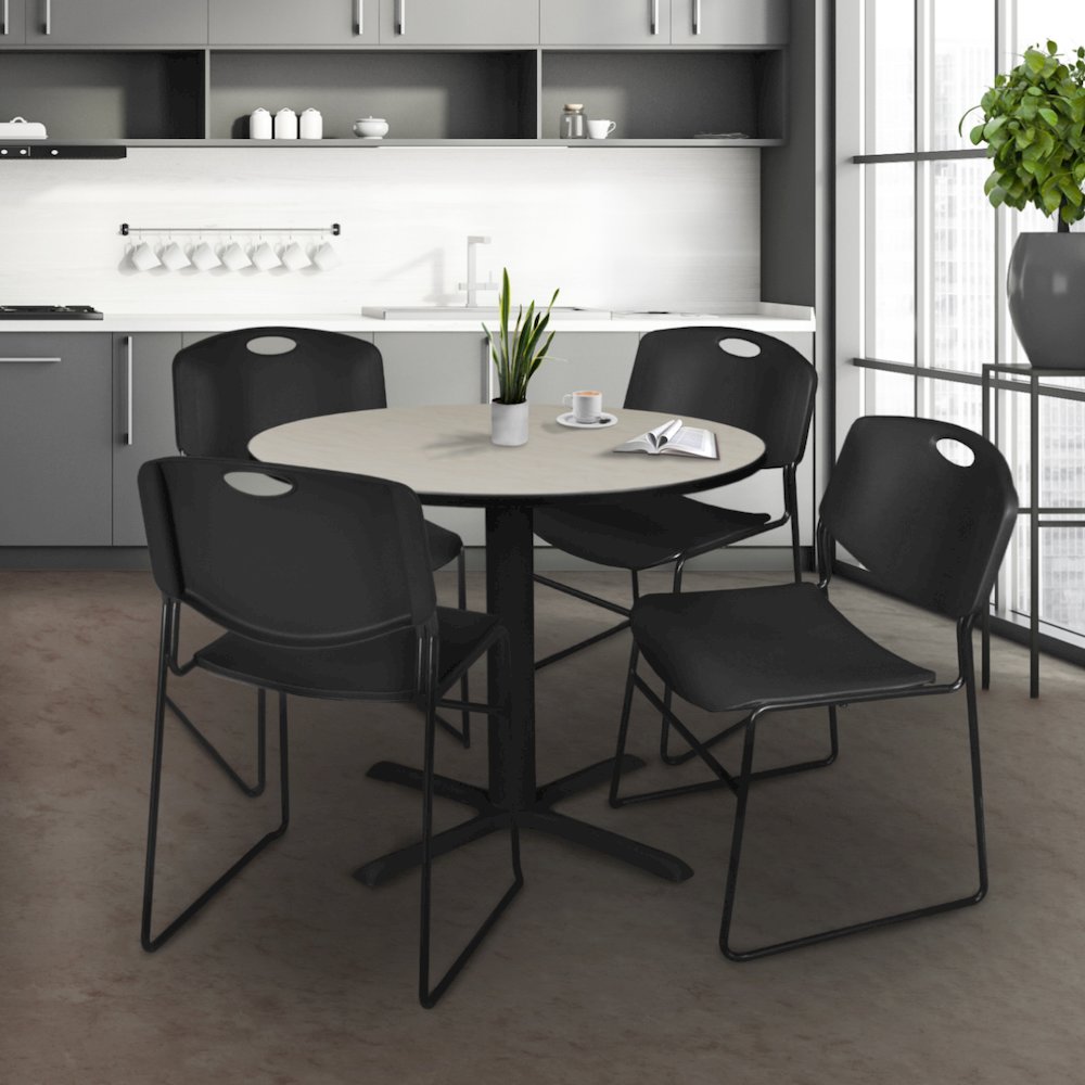 36 in. Round X-Base Breakroom Table- Maple & 4 Zeng Stack Chairs- Black