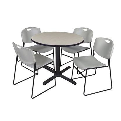 36 in. Round X-Base Breakroom Table- Maple & 4 Zeng Stack Chairs- Grey