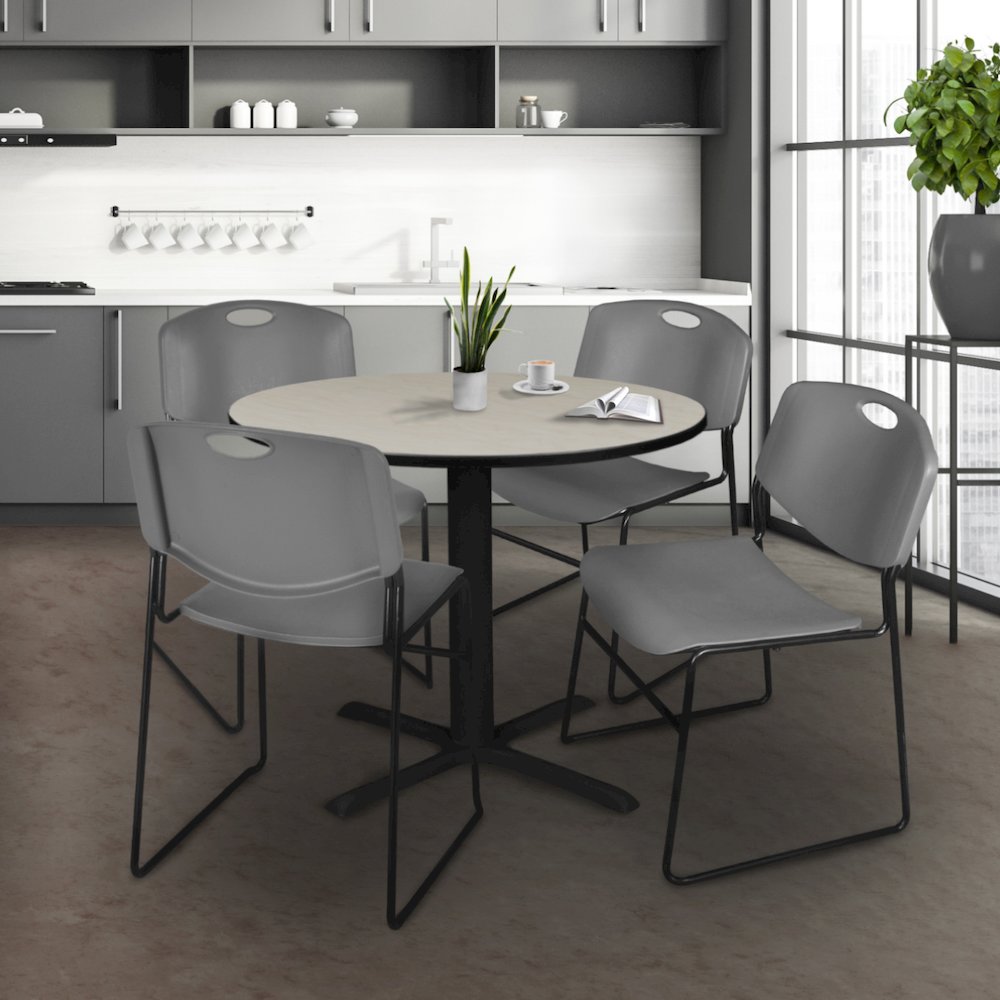 36 in. Round X-Base Breakroom Table- Maple & 4 Zeng Stack Chairs- Grey