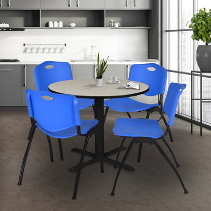 36 in. Round X-Base Breakroom Table- Maple & 4 M Stack Chairs- Blue