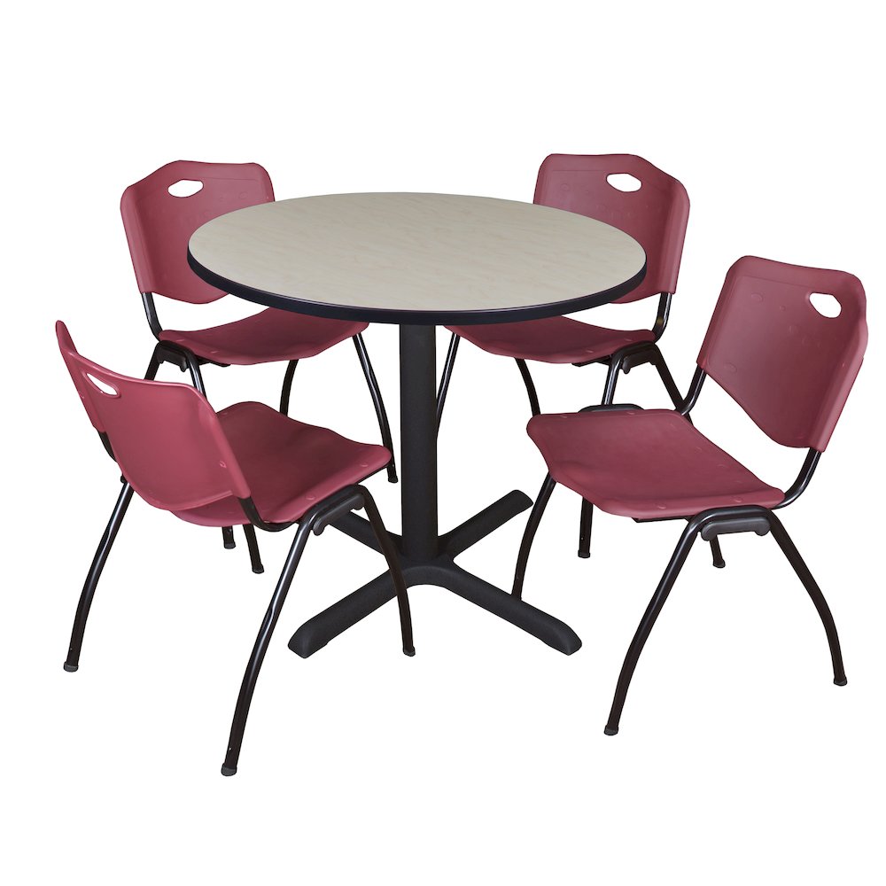 36 in. Round X-Base Breakroom Table- Maple & 4 M Stack Chairs- Burgundy