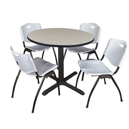 36 in. Round X-Base Breakroom Table- Maple & 4 M Stack Chairs- Grey