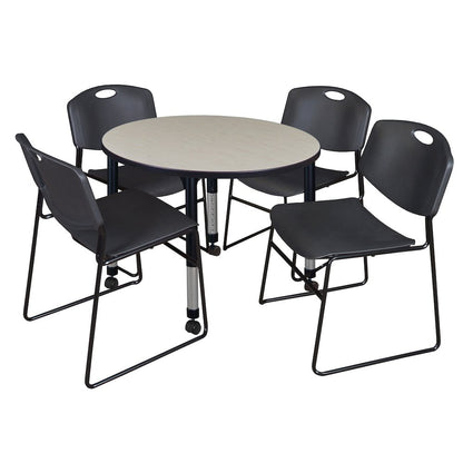36 Round Mobile Adjustable Classroom Table- Maple & 4 Zeng Stack Chairs- Black