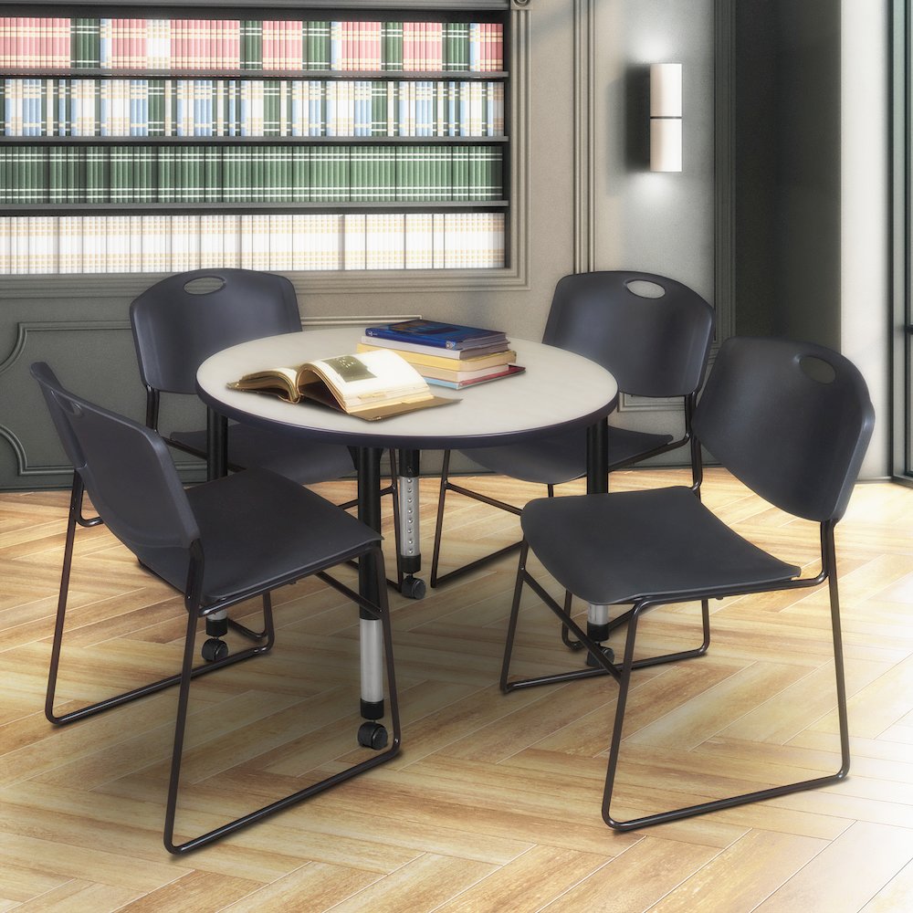 36 Round Mobile Adjustable Classroom Table- Maple & 4 Zeng Stack Chairs- Black