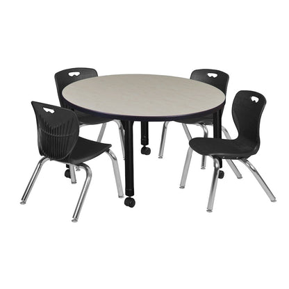 36 Round Adjustable Classroom Table- Maple & 4 Andy 12 Stack Chairs- Black