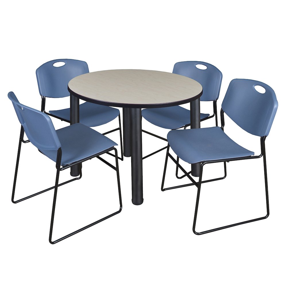 36 in Round Breakroom Table- Maple Top, Black Legs, 4 Zeng Stack Chairs- Blue