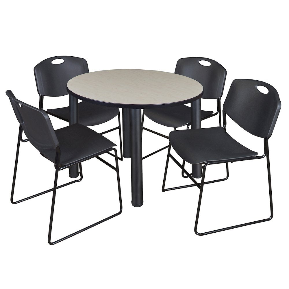 36 in Round Breakroom Table- Maple Top, Black Legs, 4 Zeng Stack Chairs- Black