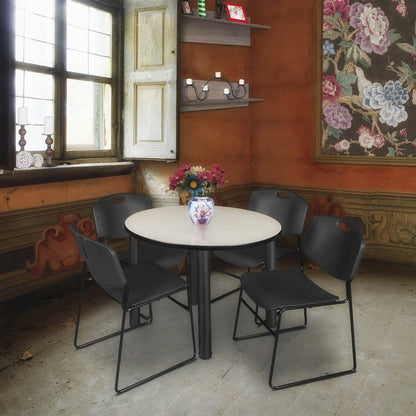 36 in Round Breakroom Table- Maple Top, Black Legs, 4 Zeng Stack Chairs- Black