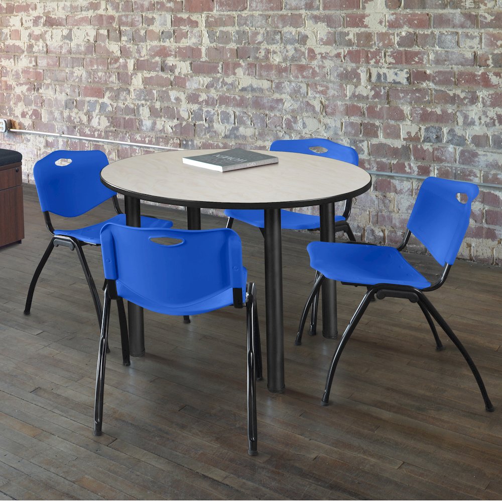 36 in Round Breakroom Table- Maple Top, Black Legs, 4 M Stack Chairs- Blue