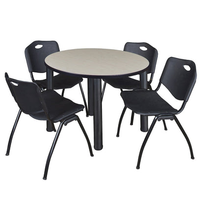 36 in Round Breakroom Table- Maple Top, Black Legs, 4 M Stack Chairs- Black